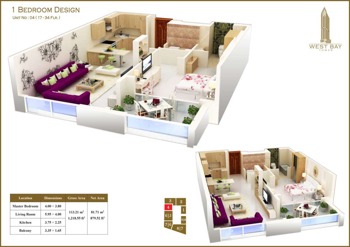 1 Bedroom Unit 04, Size 1218 sq ft
